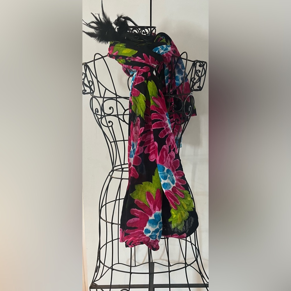 Floral Scarf with Pink, Green, and Blue Accents